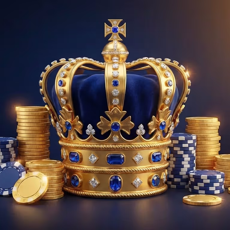 Atlantic Ace Casino treasure chest filled with gold coins and jewels in a grand snowy interior.